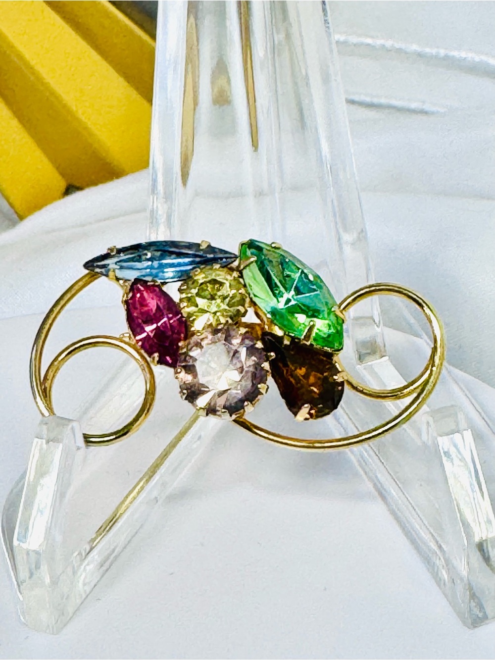 Vintage Asymmetrical Multi-Color Mixed Cut Crystal Floral Brooch